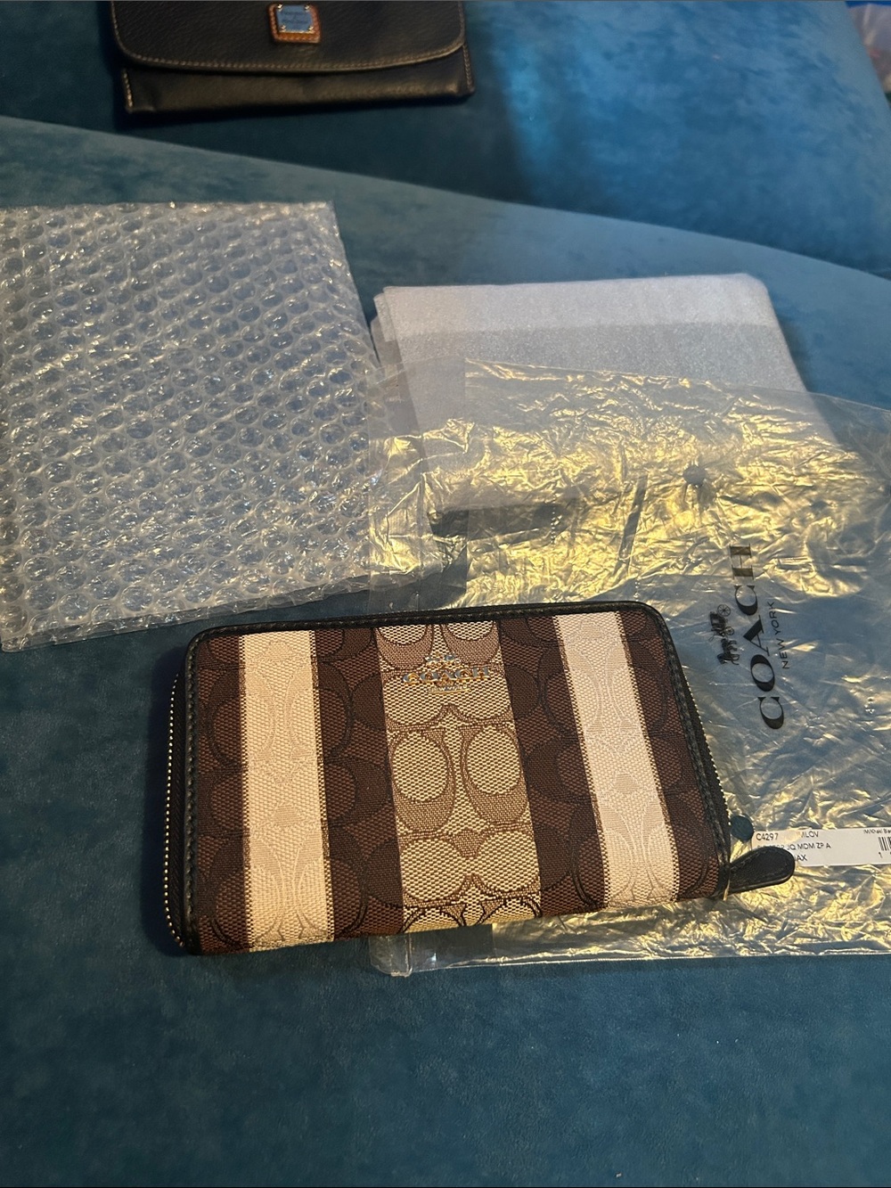 Coach Zip-Around Card Case in Brown and Light Pink Stripes